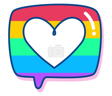 Colorful graphic illustration featuring a heart in a rainbow striped speech bubble, symbolizing love and support for the LGBTQ+ community.