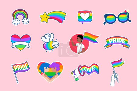 Collection of cute Pride and Love sticker icons featuring rainbow flags, hearts, stars, and characters on a pink background. Ideal for LGBTQ+ celebrations.
