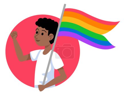 Colorful Pride sticker icon featuring a person holding a rainbow flag with a red circular background. Ideal for LGBTQ+ celebrations and themes.