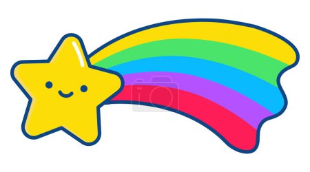 Adorable Pride sticker icon featuring a cute yellow star with a rainbow trail on a white background. Perfect for LGBTQ+ themes and celebrations.