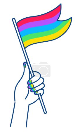 Pride sticker icon featuring a hand holding a rainbow flag with matching rainbow-striped nails on a white background. Ideal for LGBTQ+ themes and celebrations.
