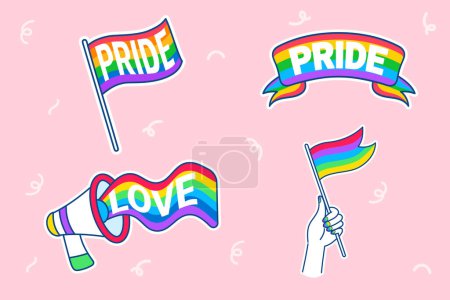 Set of Pride and Love sticker icons featuring rainbow flags and banners on a pink background. Perfect for LGBTQ+ themes and Pride celebrations.