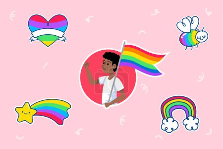 Collection of Pride sticker icons featuring a heart, rainbow, star, bee, and a person holding a rainbow flag on a pink background. Perfect for LGBTQ+ themes and celebrations.
