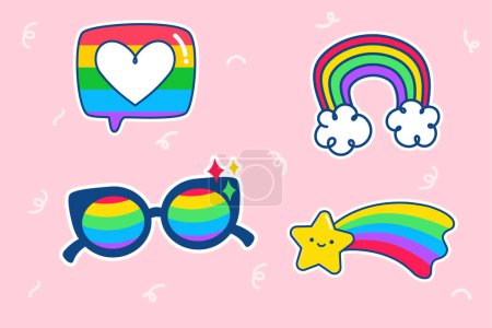 Set of Pride sticker icons featuring rainbows, a heart speech bubble, sunglasses, and a shooting star on a pink background. Perfect for LGBTQ+ themes.