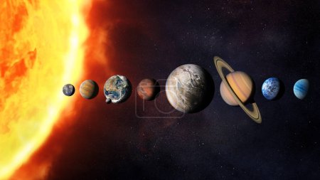 Foto de Planetas del sistema solar con gran sol y estrellas. Elementos de esta imagen proporcionados por la NASA. - Imagen libre de derechos