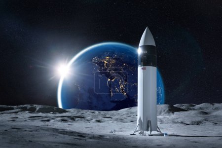 Téléchargez les photos : Spatial vaisseau spatial à la surface de la Lune avec la nuit Terre. Mission spatiale Artémis. Éléments de cette image fournis par la NASA. - en image libre de droit