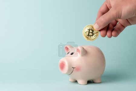 Photo for Hand of man drops Gold Bitcoin coin into pink piggy bank on blue background. Minimal investing concept. - Royalty Free Image