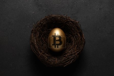 Photo for Golden egg with a bitcoin sign in nest on black background. Minimal investment concept. - Royalty Free Image