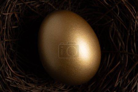 Photo for Close-up view of Golden egg in nest on a dark table. Easter concept. - Royalty Free Image