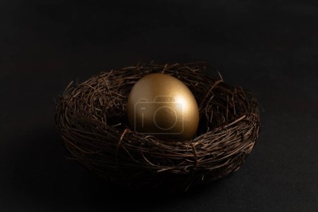 Photo for Easter Gold egg in nest on black background. Minimal concept. - Royalty Free Image