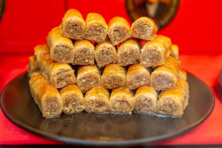 Photo for Traditional turkish, arabic sweets baklava assortment with pistachio. - Royalty Free Image