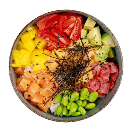 Isolated portion of poke bowl with fish and veggies