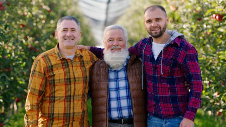 Téléchargez les photos : Devant la caméra posant le vieil agriculteur et ses deux fils au milieu du verger très excités ils sourient grand après qu'ils se terminent pour recueillir la récolte de pommes. Portrait - en image libre de droit