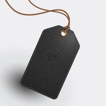 Illustration for Blank black leather rectangle tag with brown leather strap. Realistic EPS file. - Royalty Free Image