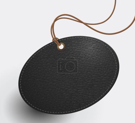 Illustration for Blank black round leather tag with brown leather strap. Realistic EPS file. - Royalty Free Image