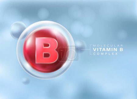 Ilustración de Vitamina B Complejo Molécula flotando en frente de fondo azul aislado. vitaminas importantes que nutren el cuerpo Medios publicitarios para suplementos dietéticos, cosméticos, multivitaminas. - Imagen libre de derechos