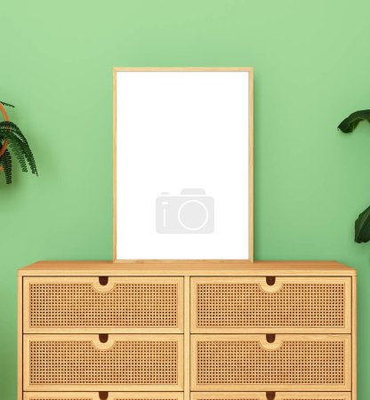 Foto de Simulación del marco de la sala de estar en estilo boho en la pared verde, representación 3d - Imagen libre de derechos