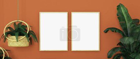 Téléchargez les photos : Modèle de cadre intérieur dans le style Boho et deux cadres vierges, rendu 3d - en image libre de droit
