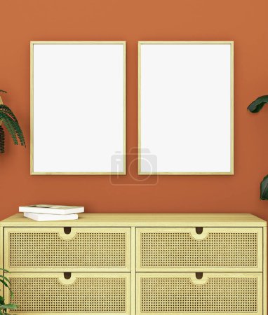 Photo for Two wood frame mockup in living room, 3d rendering - Royalty Free Image