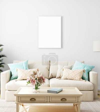 Foto de Diseño de interiores con sofá, mesa de madera y decoración de moda en sala de estar blanca, maqueta de marco, representación 3d - Imagen libre de derechos
