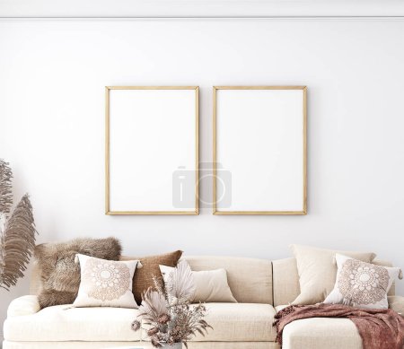 Téléchargez les photos : Design d'intérieur avec canapé, table en bois et décoration tendance dans le salon blanc, maquette de cadre, rendu 3d - en image libre de droit