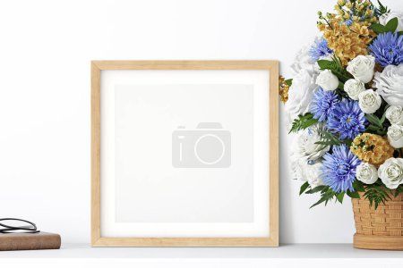 Foto de Marco de madera maqueta y flores, 3d renderizado - Imagen libre de derechos