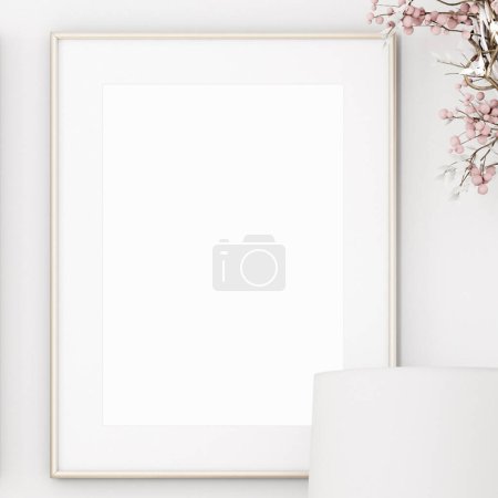 Photo for Blank white frame and flowers on white marble background. - Royalty Free Image