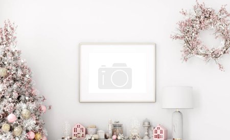 Photo for Christmas frame mockup in pink color and white, horizontal - Royalty Free Image
