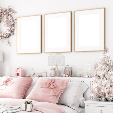 Photo for Christmas frame mockup in pink color and white in bedroom - Royalty Free Image
