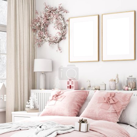 Christmas frame mockup in pink color and white  in bedroom