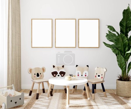 Téléchargez les photos : Modèle de cadre dans la chambre des enfants avec meubles en bois naturel, fond intérieur de style ferme, rendu 3D - en image libre de droit