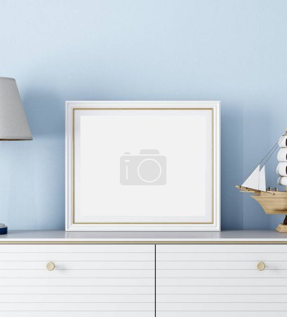 Foto de Marco simulado en una habitación de vivero con muebles de madera natural, representación 3D Stock Image - Imagen libre de derechos