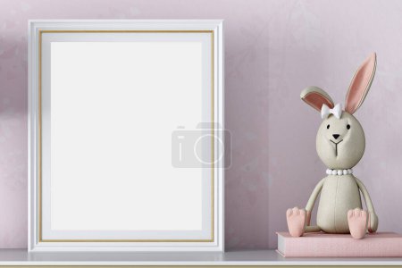 Photo for Mock up  frame in a nursery room with natural wooden furniture, 3D rendering  Stock Image - Royalty Free Image