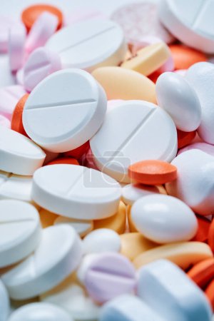 Photo for Medicine and drug concept. Close up shot of white and colored pills  of different kinds. - Royalty Free Image
