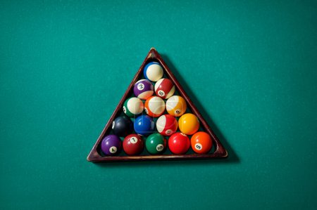 Photo for Billiards. Top view of billiard balls on green table - Royalty Free Image