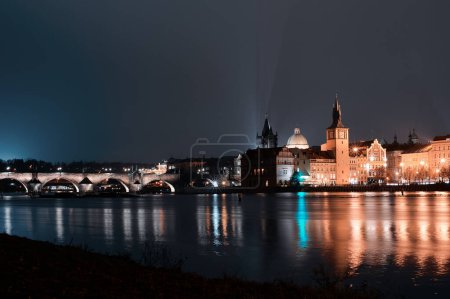 Photo for Prague, view of the Lesser Bridge Tower of Charles Bridge (Karluv Most) at night, Czech Republic. - Royalty Free Image