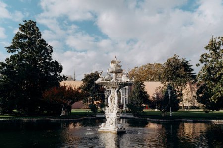 Téléchargez les photos : Fontaine blanche avec cygnes dans le palais Besiktas à Istanbul, Turquie. - en image libre de droit