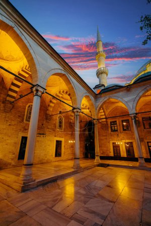 Lights of Eyp Sultan Mosque in evening time Istanbul Turkey.