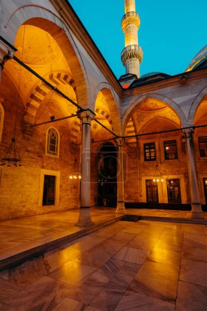 Lights of Eyp Sultan Mosque in evening time Istanbul Turkey.