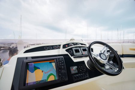 Photo for Steering wheel. Luxury traveling. Interior of modern motor yacht. - Royalty Free Image
