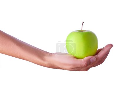 Photo for Close up studio shot of female hand holding fresh apple. Isolated on white background. - Royalty Free Image