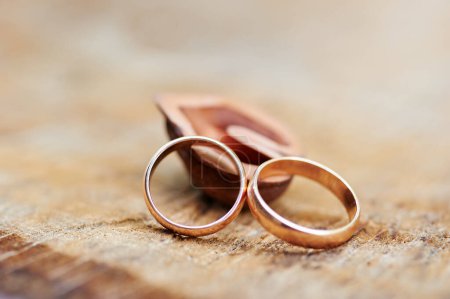 Photo for Couple of gold wedding rings on wooden background - Royalty Free Image
