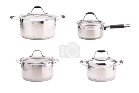 Photo for Set of stainless steel shiny saucepans isolated on white background - Royalty Free Image