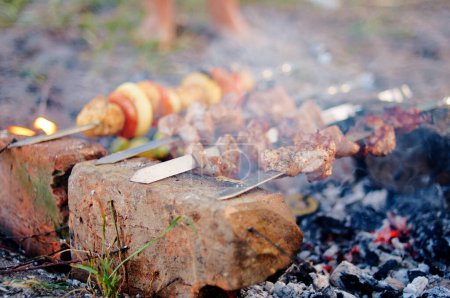 Téléchargez les photos : Barbecue viande de bœuf porc shashlik. Cuisine en plein air - en image libre de droit