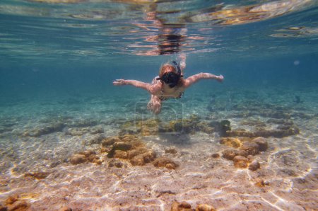 Foto de Mujer joven buceando bajo el agua en los corales marinos y peces. - Imagen libre de derechos
