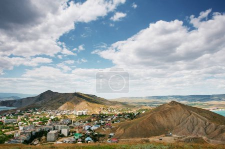 Photo for Aerial view of small Crimean town on the Black sea shore, Ukraine. - Royalty Free Image
