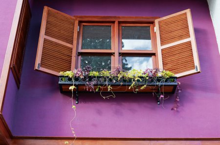 Téléchargez les photos : Vieux mur violet avec porte vintage en bois et fenêtres. - en image libre de droit