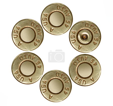 Photo for Pistol bullet casings on white background, top view - Royalty Free Image