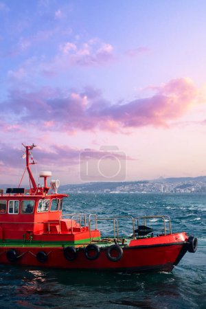 Foto de Remolcador - Rescate del buque rojo en un crucero en el mar - Imagen libre de derechos