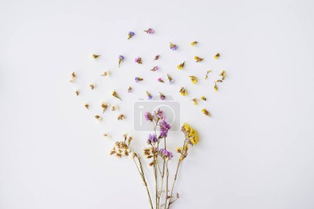 Photo for Bouquet of dried wild flowers on white table background top view. - Royalty Free Image
